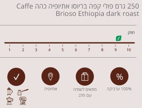250 גרם פולי קפה בריוסו אתיופיה כהה Caffe Brioso Ethiopia Sidamo Dark Roast