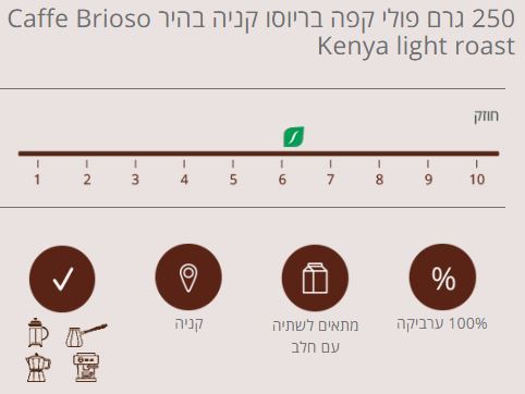 250 גרם פולי קפה בריוסו קניה בהיר Caffe Brioso Kenya AA Light Roast