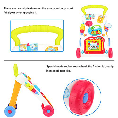 הליכון מנגן לתינוק עם גלגלי סיליקון מונעי החלקה, לוח ציור ופסנתר מנגן ומאיר