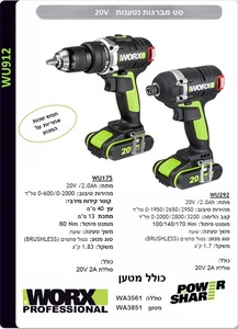 סט מברגות ללא פחמים 20V כולל 2 סוללות 2A ומטען WORX