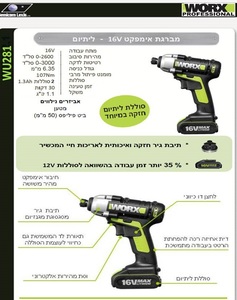 מברגה אימפקט 16V ליתיום WORX כולל 2 סוללות ומטען