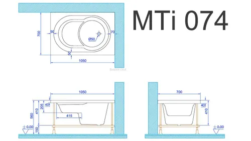 אמבטיה מלבנית אקרילית דגם 74 מותקנת על רצפת חדר אמבטיה מודרני.