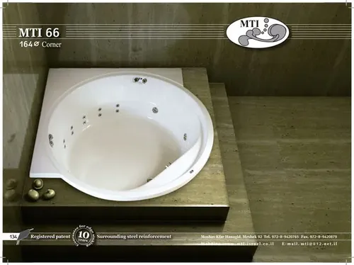 אמבטיה עגולה אקרילית מבית MTI בגודל 145x145/164 דגם 66 עם חיזוק פלדה היקפית.