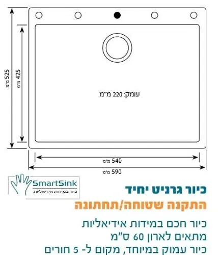 כיור גרניט שוני סמארט 60 עם חור לברז במרכז.
