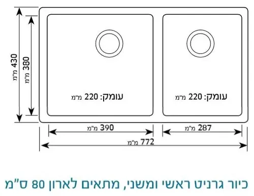 כיור וחצי גרניט שוני לאו יו 80 עם חור לברז מחוץ לכיור על השיש.