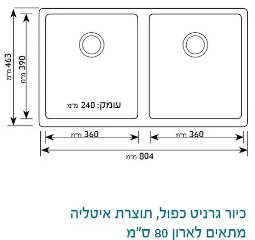 כיור כפול גרניט שוני שארק יו 80 עם חור לברז מחוץ לכיור על השיש.