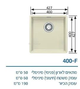כיור מטבח גרניט בלנקו סבליין 400F מידה 43X43