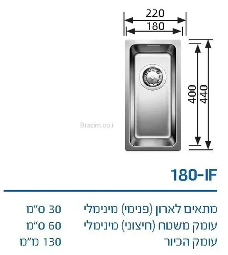כיור מטבח נירוסטה בלנקו אנדאנו 180-IF בגודל 22X44 ס