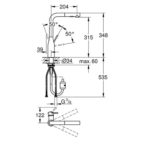 ברז מטבח גרואה אסנס 30270000 מותקן על שיש, נשלף ב-90 מעלות, גימור כרום ניקל.