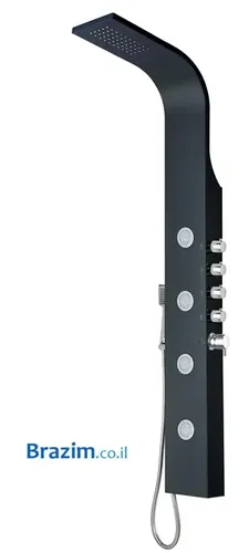 מערכת למקלחת ורד Vered עם אינטרפוץ מובנה, ראש מקלחת, מזלף ו-4 ג'טים בגימור שחור מבריק, מידות 155x18 ס