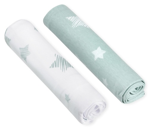 זוג סדינים מעוצבים למיטת תינוק או מעבר 100% כותנה טריקו - כוכבים ירוק