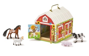 אורווה מעץ עם מנעולים ו 4 חיות חווה