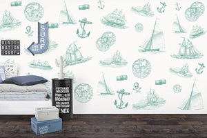טפט מעוצב לחדר ילדים עם דבק במידה 65/300 ס"מ - אניות טורקיז