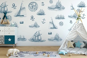 טפט מעוצב לחדר ילדים עם דבק במידה 65/300 ס"מ - אניות כחולות