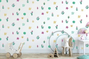 טפט מעוצב לחדר ילדים עם דבק במידה 65/300 ס"מ - קקטוסים צבעי מים