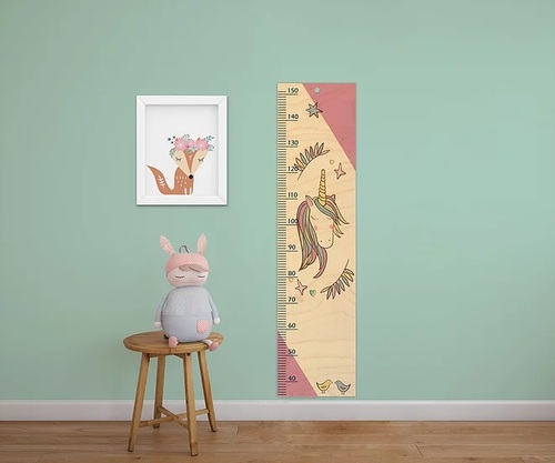 מד גובה מעוצב לחדר ילדים מעץ - חד קרן ורוד