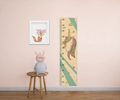 מד גובה מעוצב לחדר ילדים מעץ - חד קרן תכלת