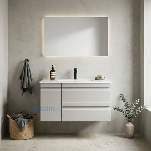 ארון אמבטיה תלוי שניר MDF אפור בהיר מט עם שתי מגירות ודלת אחסון, כיור אינטגרלי לבן.