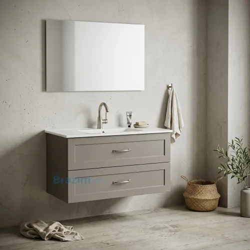 ארון אמבטיה תלוי תבור MDF אפור מט 2 מגירות עם כיור אינטגרלי לבן