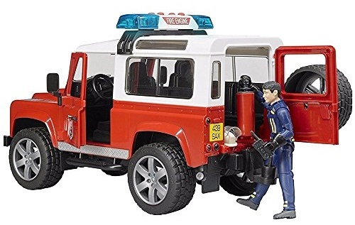 רכב כיבוי אש דיפנדר לאנדרובר Land Rover Defender עם בובת כבאי ואפקטים קוליים - אדום
