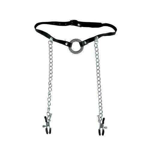 זוג מצבטים לפטמות עם גאג בול O-Ring Gag & Nipple Clamps