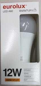 נורת לד 2900K A60 12W E27 לבן חם ניתן לעמעום EUROLUX יורולוקס