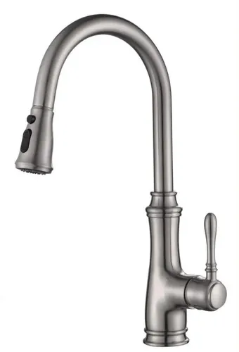 ברז מטבח נשלף ענתיק מבית ורד Vered עם 2 מצבי זרימה ובגימור ניקל מוברש.