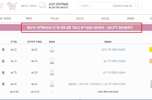 הודעת משלוח חינם לפי סכום עגלה