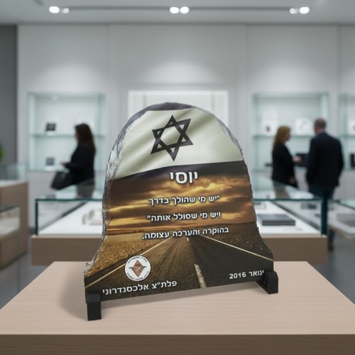 אבן בזלת קמורה עם הדפסה אישית – מגן הוקרה ייחודי ומרשים