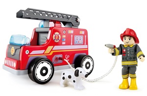 כבאית עץ עם סולם ובובות כבאי וכלב כבאים