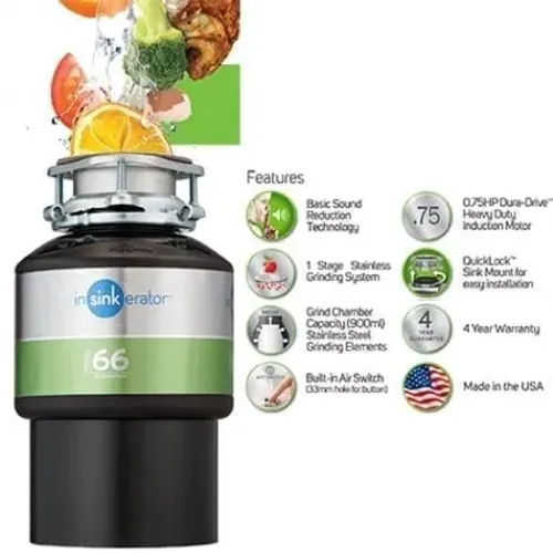 טוחן אשפה InSinkErator ISE66 עם מנוע אינדוקציה שקט, תא טחינה 980 מ