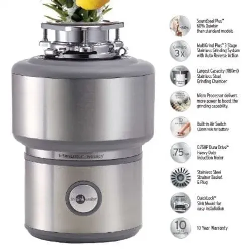 טוחן אשפה InSinkErator Evolution 200 עם מנוע אינדוקציה HEAVY DUTY, פעולה שקטה, 3 שלבי טחינה, תא 1,180 מ