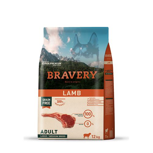 Bravery מזון לכלב בוגר כבש ללא דגנים 12 ק״ג מזון איכותי לכלבים בינוניים וגדולים