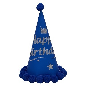 כובע מסיבה כחול רויאל Happy Birthday עם כתר קוטר 24 ס"מ + פונפון
