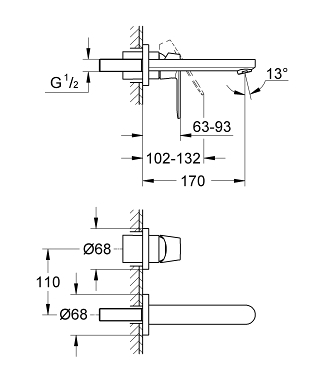 ברז קיר 19381000 יורוקוסמו EUROCOSMO כרום GROHE