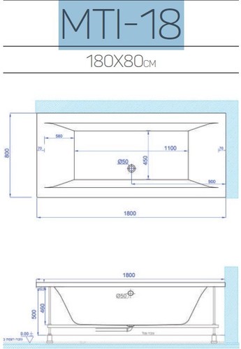 אמבטיה אקרילית מלבנית MTI 18 מידה 180X80 סמ