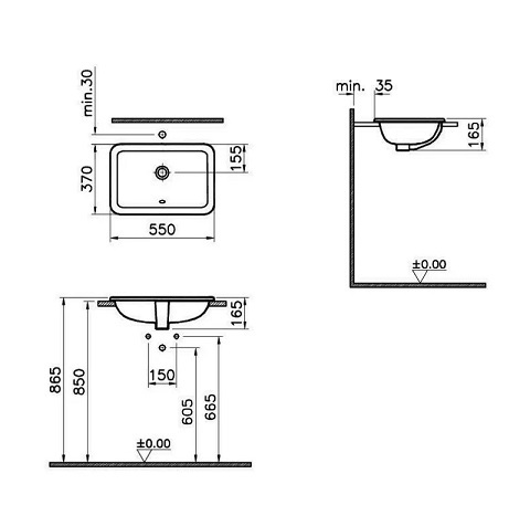 כיור רחצה התקנה עליונה VITRA מידה 55X37 סמ