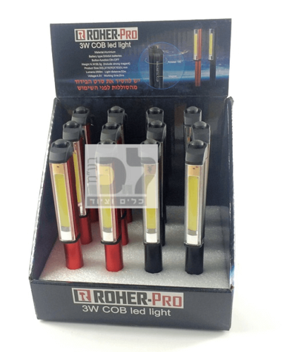 מארז 12 יח' פנסי עט נורת LED COB גוף אלומיניום, אדום/שחור