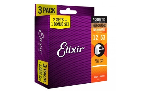מארז 3 סטים 2+1 לאקוסטית ELIXIR NANO PHOS BRONZ 16545 0.12-0.53