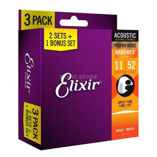 מארז 3 סטים 2+1 לאקוסטית ELIXIR NANO PHOS BRONZ 16544 0.11-0.52