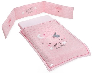 סט מצעים 3 חלקים עם אפליקציה למיטת תינוק 100% כותנה - כבשה ורודה