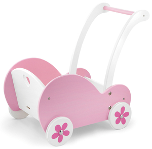 עגלה בובה קלאסית מעץ מלא - ורוד