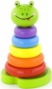 מגדל טבעות מעץ צפרדע עם מוט בטיחותי ו 5 טבעות