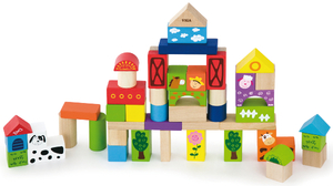 דלי עם 50 לבני עץ צבעוניות בצורות וגדלים שונים לבניה - חווה