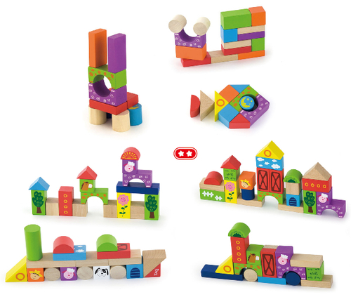 דלי עם 50 לבני עץ צבעוניות בצורות וגדלים שונים לבניה - חווה