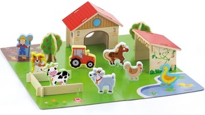 חווה תלת מימדית עם מגוון דמויות מעץ מלא