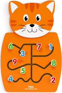 לוח פעילות מעץ לתליה על הקיר - חתול מסלול מספרים לספירת דגים
