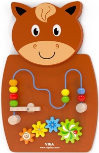 לוח פעילות מעץ לתליה על הקיר - סוס מבוך חרוזים וגלגלי שיניים