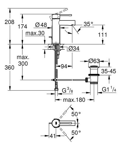 שרטוט ברז כיור גרואה 32898001 GROHE