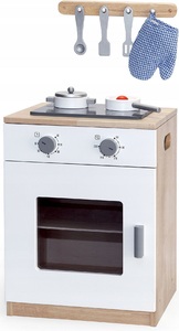 תנור אפיה מעץ לילדים עם 8 אביזרי משחק ומתלה - לבן